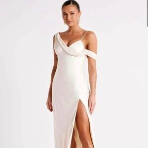 Meshki Soleil Satin Off The Shoulder Maxi Dress